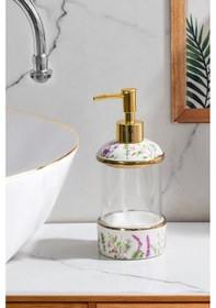 Resim Porsima 3127-1 Gold Kapaklı Porselen Ve Cam Sıvı Sabunluk Çiçek Desenli Ve Şeffaf Tasarım 350 Ml Gold 