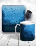 Resim Atölye Çizgi Deep Blue Underwater Ocean Bilek Destekli Mouse Pad Ve Kupa Bardak 