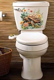 Resim Klozet Sticker Sevimli Kaplumbağa ve Çiçekler Temalı Banyo Tuvalet Sticker 