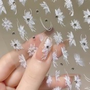 Resim 5D Kabartmalı Tırnak Sanatı Stickerı, Beyaz Çiçek Tasarımlı Taşlı Tırnak Süslemesi, Tırnak Sanatı Malzemeleri 