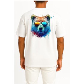 Resim Oversize Cool Bear Psychedelic Bear Sırt Tasarımlı Unisex T-shirt Beyaz 