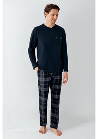 Resim Arnetta Erkek %100 Pamuklu 4 Mevsim Cepli Uzun Kol Ekose Pijama Takım Lacıvert 