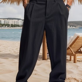 Resim Erkek Casual Gevşek Keten Pantolon - Düğme Kapatma ve Fermuar, Cep, Dış Mekan, Spor, Tüm Mevsim Giyim için Esnek Olmayan Kumaş - Plaj ve Eğlence Aktiviteleri için Mükemmel, Rahat Fit Pantolon | Düğme Fermuar Kapatma 