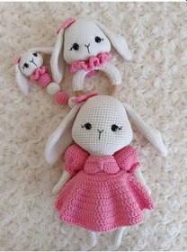 Resim El Yapımı Amigurumi Tavşan Kız Bebek Yeni Doğan Set / Emzik Zincirine Kişiye Özel İsim Yazılır / Bebek Hediyelikleri 