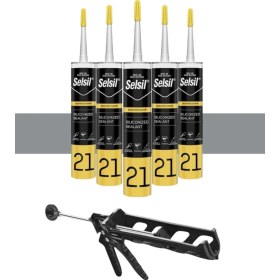 Resim Selsil Silikonize Mastik 500 Gr. Gri 5 Adet , Plastik Tabanca Gri 