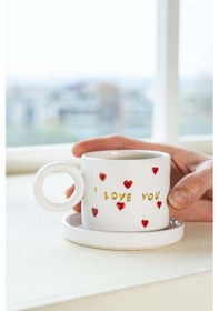 Resim Rivaistanbul I Love You Amore El Yapımı Seramik Double Kahve Fincanı Mug Kupa Krem 