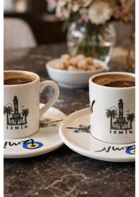 Resim 2'li İzmir Temalı Kahve Fincanı Seti - Baskılı Fincan Takımı beyaz 