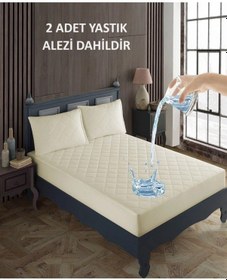 Resim Çift Kişilik Yatak Ve Yastık Alez Seti %100 Pamuk Kapitone Sıvı Geçirmez Yatak Ve Yastık Alez Seti Bej 