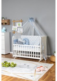 Resim Ahşap Beşik Anne Yanı Beşik Beyaz 60x120 - Mavi Yıldız 3 Yastıklı Uyku Seti + Yataklı Beyaz 