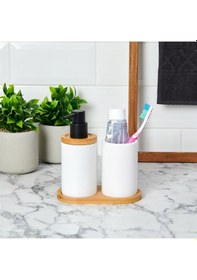 Resim Bambu Standlı Seramik İkili Banyo Seti Gri 