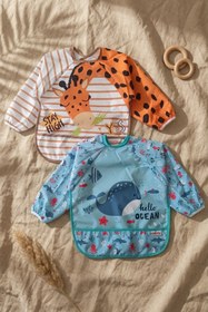 Resim Babydonat 2'li Paket Sıvı Geçirmez Uzun Kollu Çocuk Mama Önlüğü 6-24 Ay - Zürafa Ve Balina Desenli Leke Tutmaz 