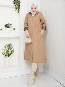 Resim RACE FASHİON Leopar Desenli Bondit Kumaş Beli Lastikli Kapüşonlu Tesettür Trençkot RC1205010 
