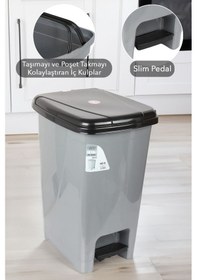 Resim Pedallı Gri Banyo Mutfak Çöp Kovası Siyah Kapaklı Slim Pedallı Çöp Kovası 15 Litre Gri 