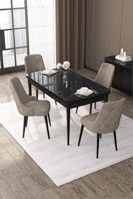 Resim Canisa Nex Serisi 80x132 Mdf Açılabilir Siyah Mermer Desen Masa Takımı 4 Cappucino Sandalye Gold Halka 