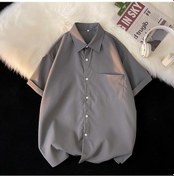 Resim Gri Düğme Kısa Kollu Gömlek Erkek Yaz Kore Yaka Gömlek Hong Kong Tarzı Düz Renk Çok Yönlü Ceket Erkek Gevşek Moda Üst Gömlek Gri 