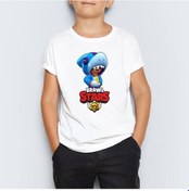 Resim Brawl Stars Shark Leon Baskılı Çocuk Tişört T-Shirt MR-02 Beyaz 