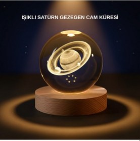 Resim Satürn Desenli Kristal Küre Led Gece Lambası Semeglbl - 12 Ahşap Standlı 
