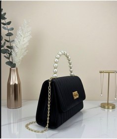 Resim Siyah Çizgili Desenli İncili Gold Zincir Askılı Portföy Omuz Ve El Çantası E18 B12 siyah 