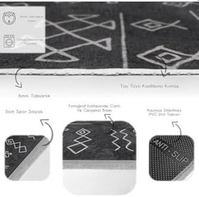 Resim RealHomes Siyah Zeminde Kilim Motifli Beyaz Baklava Desenli Geometrik Etnik Motifler Salon Kaymaz Saçaklı Halı HaliDik-Deluxe-11031, 150 x 300 