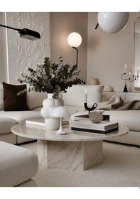 Resim Nova, Yuvarlak Modern Traverten Desenli Orta Sehpa, Krem 