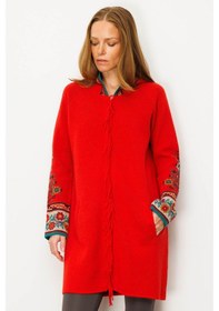 Resim Kadın Kapüşonlu Kilim Jakarlı Püsküllü Yün Kaban Mercan Mercan 