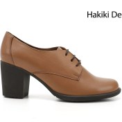 Resim Kadın Açık Taba Bağcıklı Orta Kalın Topuklu Hakiki Deri Oxford Ayakkabı 