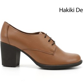 Resim Kadın Açık Taba Bağcıklı Orta Kalın Topuklu Hakiki Deri Oxford Ayakkabı 