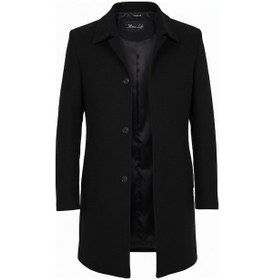 Resim Erkek Siyah Dar Kesim Yün Karışımlı Kaşe Gömlek Yaka Palto Kaban Siyah 