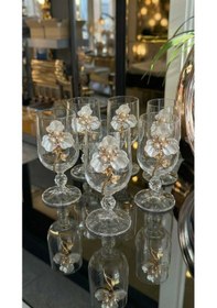 Resim Çnr Home Collection 6 Lı Inci/çiçek Detaylı Gold Metal Süslemeli Ayaklı Cam Kahve Yani Kadeh Seti Şık Sunum Bardakları Gold 