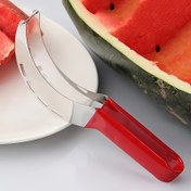Resim Erkonomik Kırmızı Saplı Paslanmaz Çelik Karpuz Dilimleyici - Mükemmel Küpler için Zahmetsiz Meyve Kesme Aracı, Ev & Ticari Kullanım İçin Dayanıklı Mutfak Gereci, Şık Metalik Bitişli, Basınç Bıçak Mekanizması 