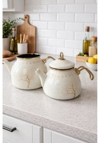 Resim Emaye Çaydanlık Takımı 2,3 L Suluk + 1,1 L Demlik Gold Detaylı Altın - Krem 