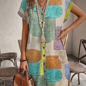 Resim Kadınlar için Rahat V-Yaka Düğmeli Gömlek - Geometrik Desen, Kısa Kollu, Hafif Polyester, Yaz Stili, Çok Renkli Yama Tasarımı, Kolay Bakım Kumaşı, Günlük Kıyafet İçin Mükemmel 
