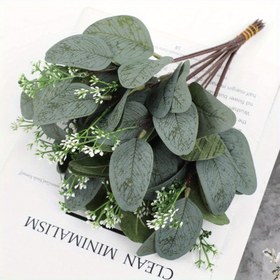 Resim 6/12/18 adet Yapay Okaliptüs Yaprakları, Beyaz Tohumlu Oval Yapay Okaliptüs Yaprakları ile Çiçek Çelenkleri, Buketler, Düzenlemeler, Düğün Yeşillik Dekorasyonu, Estetik Oda Dekoru, Ev Dekoru için Spreyler 