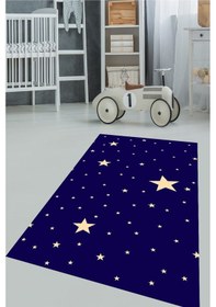 Resim Dijital Baskılı Mavi Yıldız Desenli Dekoratif Yıkanabilir Kaymaz Taban Çocuk Halısı Çok Renkli 