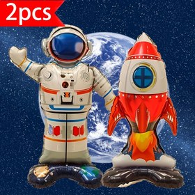 Resim 2 adet Uzay Astronotu Balonu ve Roket Balonu, Dış Uzay Roketi Astronot Balonu, Çocukların uzay temalı doğum günü partisi süslemeleri için uygun Roket Mylar Folyo Balon (Gökkuşağı) 