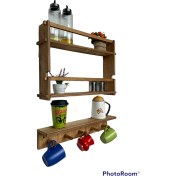 Resim RealWood Ahşap Askılı Duvar Rafı ve Montessori Kitaplık, Mutfak ve Banyo Rafı 3'lü 55 cm Teak rengi 