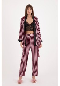 Resim Burcumay Kadın Üçlü Çizgili Sabahlıklı Pembe Saten Pijama Takımı Pembe 