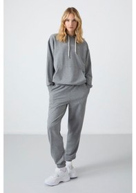 Resim Tommy Life Gri Melanj Kapüşonlu Kanguru Cep Oversize Lastik Paça Kadın Eşofman Takımı - 95288 GRİ MELANJ 