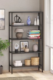 Resim Modern 5 Katlı Metal İskeletli Cam Raflı Aksesuar Rafı Kitaplık Siyah-füme 