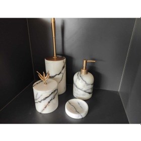 Resim Leylak Mermer Sıvı Sabunluk, Pamukluk, Wc Fırçalığı, Katı Sabunluk- Roz Gold Beyaz 