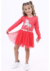 Resim Toontoy Kız Çocuk Taş İşlemeli Tül Detaylı Unicorn Baskılı Elbise Nar Çiçeği 