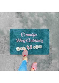 Resim Dijital Baskılı Kapı Önü Paspas Hoşgeldiniz Yazılı Çiçek Desen Ve Tavşan Iç Ve Dış Kapı Yıkanabilir Beyaz 