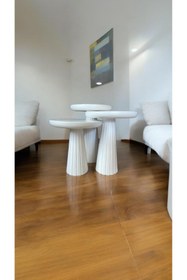 Resim Simillo Home&Living WOOD Wooden Ahşap 3’lü Set Fitilli Mantar Yan Sehpa Modern Beyaz Renk Fiskos 