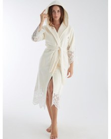 Resim Dantelli Uzun Kapüşonlu Triga Bambu Cotton Bayan Bornoz Krem 