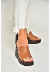 Resim Fox Shoes P555961203 Taba Hakiki Deri Dolgu Topuklu Kadın Terlik Taba 