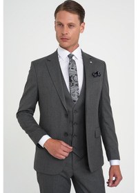 Resim Efor Slim Fit Çift Yırtmaç Balıksırtı Desenli Yelekli Füme Takım Elbise Tk 923 Füme 