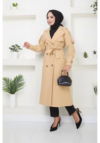 Resim Kruvaze Yaka Bondit Kumaş Trençkot / M0106 - Camel Metalik Camel 