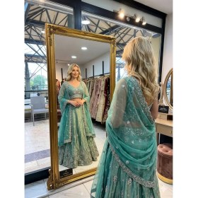 Resim Aashiv's Collection Gelinlik Hint Lehenga Choli Takımı Turkuaz Işlemeli 