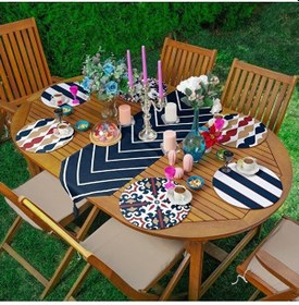 Resim Ikat Lacivert Püsküllü Runner Ve Yuvarlak Servis Altlığı & Supla 