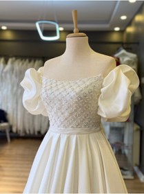Resim Lenta Wedding Beyaz Işık Saten Dantel Kaplama Maxi Boy Helen Gelinlik 